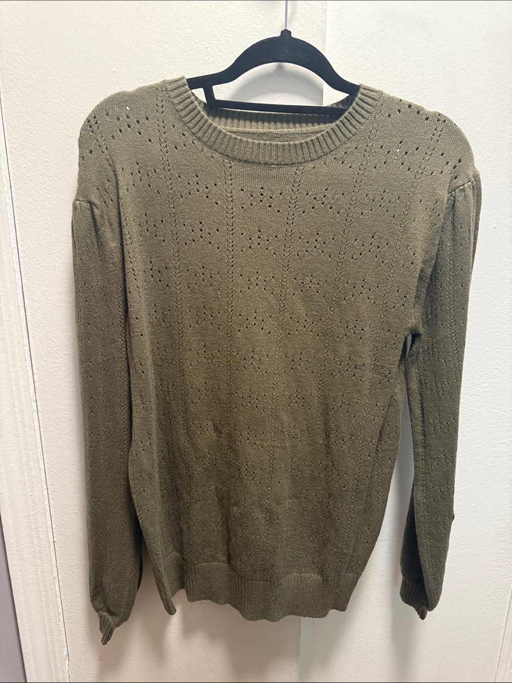 Olive Crew Neck Pointelle Sweater - Lightweight Everyday Knit